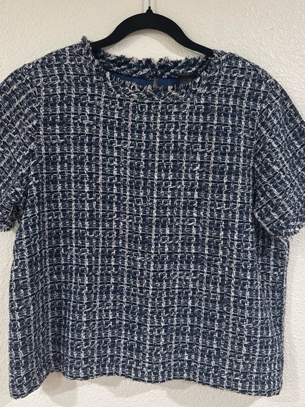 Ann Taylor Navy and White Short-Sleeve Tweed Boxy Top